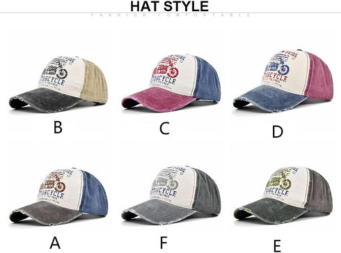 Vintage Baseball Cap, Washed Denim Trucker Cap, Motorcycle Print Pattern Outdoor Sun Hat