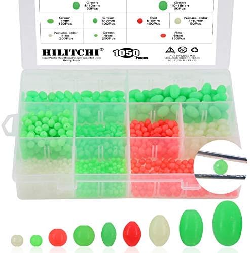 Hilitchi 1050 Pcs Fishing Beads - 9 Sizes All Luminous Hard Plastic Oval Round Shaped Glow Eggs for Fishing