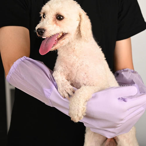 Long Sleeve Silicone Pet Grooming Gloves, Cat Bathing and Dog Massaging Gloves, Pet Hair Removal, Purple
