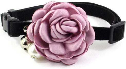 Everflowering Rose Purple Cat Dog Collar Bow Tie, Suede Puppy Necklace with Bell, Adjustable Handmade Accessory, Size S