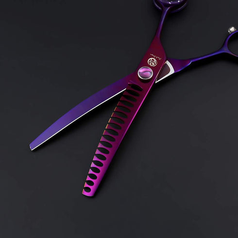 Purple Dragon 7.0" Downward Curved Pet Grooming Scissors/Chunker Shear with Adjustment Screw for Professional Grooming
