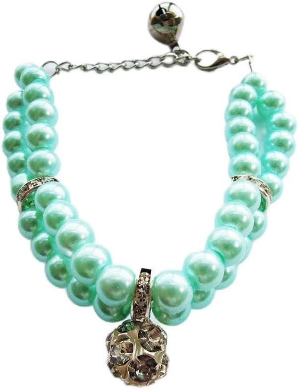 Luxury 2 Row Pearls Rhinestones Pet Necklace Collar Jewelry with Bling Crystal Ball Charm for Small Dogs, Cats (Blue,