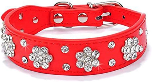 Rhinestone Dog Collar, Cute Flower Bling Collar, PU Leather Adjustable Sizes (Red, L)