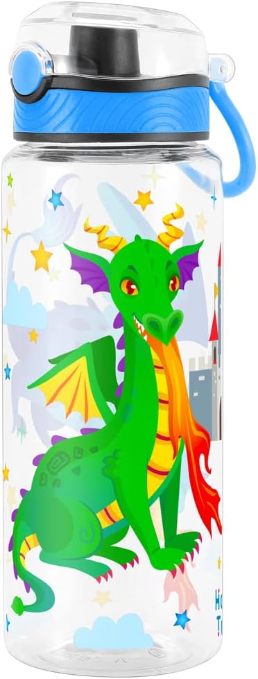 Home Tune 23oz Cute Water Bottle for School Kids Girls, BPA FREE Tritan, Leak Proof with Easy Clean Handle (Fire Dragon)