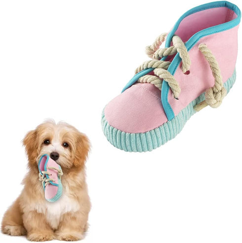vocheer Dog Chew Toy, Durable Teething Shoe Interactive Squeaky Puppy Toy, Small & Medium, Machine Washable, Pink