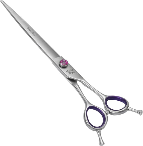 Fenice Peak 7'' Straight Dog Grooming Scissors - Purple Finger Rings, 440C Stainless Steel Pet Trimming Shears