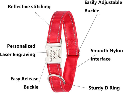 Reflective Dog Collar with Metal Buckle, Soft Sturdy Nylon Adjustable Collars with ID Tag Ring for Small Medium Large
