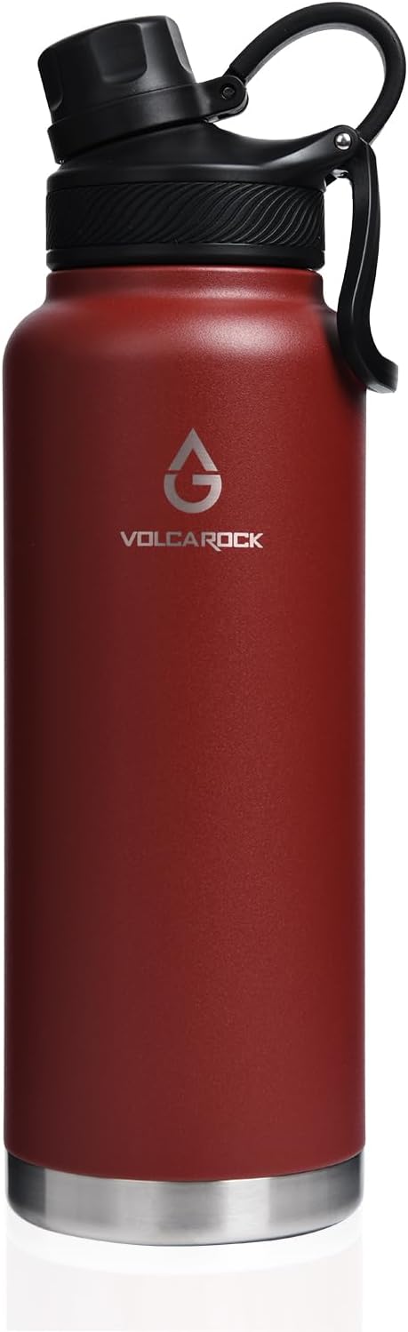 Insulated Sports Water Bottle with Straw Lid, 3 Lids, 40 Oz, Brick Red, Dishwasher Safe & BPA Free