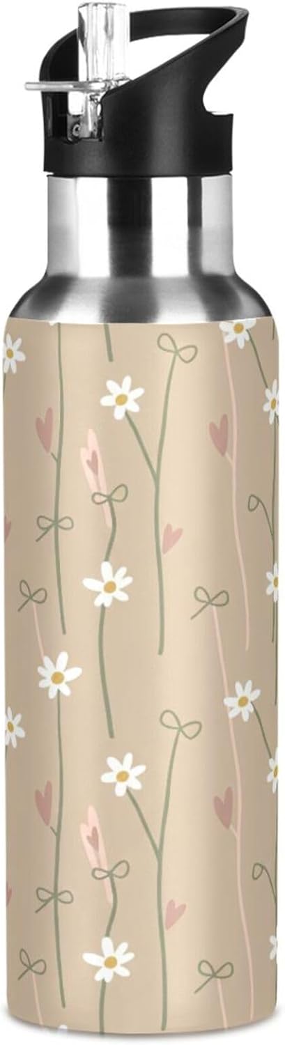 Wassud 32 oz Water Bottle Warm Beige Floral Stainless Steel Sport Water Bottle with Straw Insulated Water Bottles