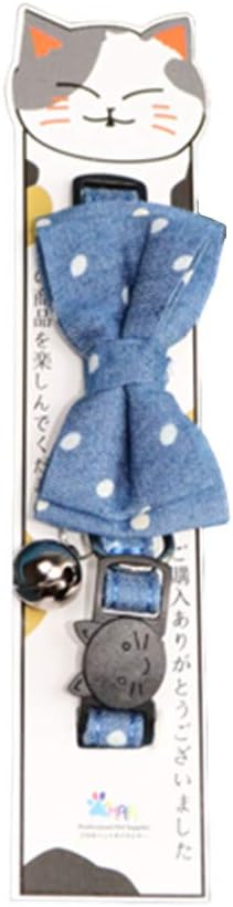 THAIN Breakaway Cat Collar with Bell and Bow Tie, Adjustable Denim Dots Safety Buckle with Name Tag for Kittens