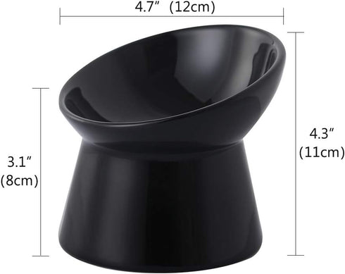 Black Small Ceramic Raised Cat Bowls, Tilted Elevated Food or Water Bowls, Stress Free, Backflow Prevention, Dishwasher and Microwave Safe, Lead & Cadmium Free