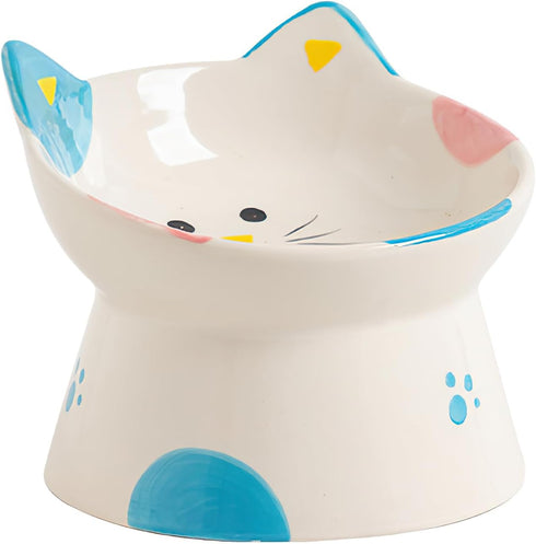 Cute Ceramic Raised Cat Bowls, Elevated Design, 15° Tilted Feeder, Protect Cat's Spine, Anti Vomiting Bowl for Flat