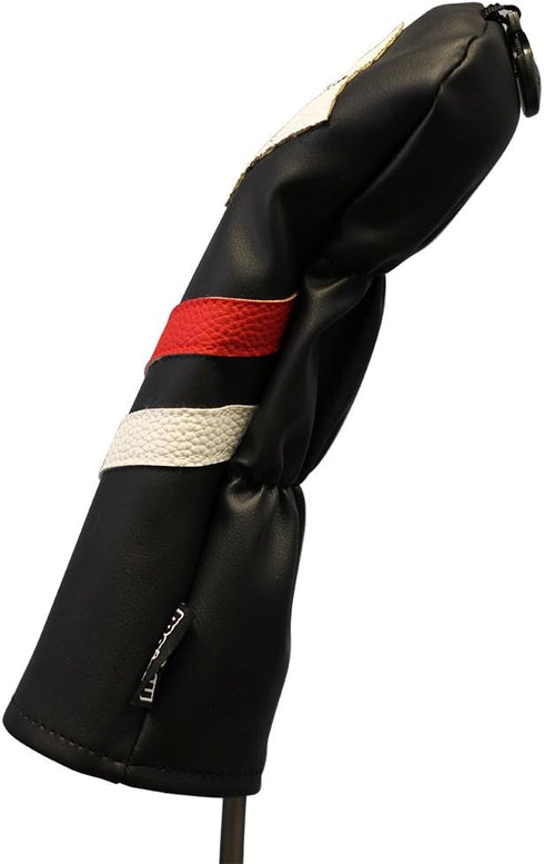 Majek Retro Golf Headcover - Black Red and White Vintage Leather Style X Fairway Wood Head Cover, Classic Look, Wheel