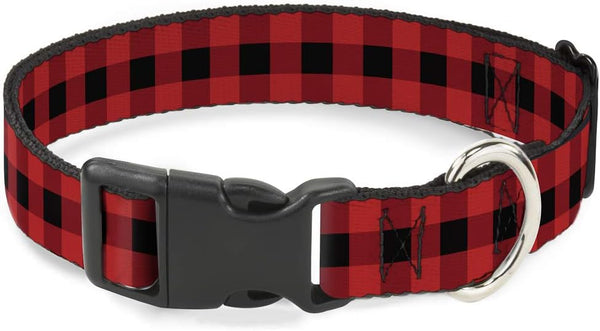 Buckle-Down Plastic Clip Collar - Buffalo Plaid Black/Red - 1" Wide, Fits 15-26" Neck - Large