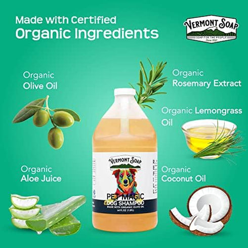 VERMONT SOAP Organics Pet Shampoo - Infused with Organic & Natural Olive Oil, Coconut & Aloe Vera, 64oz