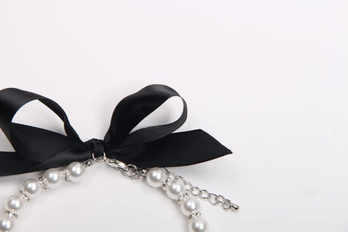Dog Cat Pearls Necklace Collar with Bling Accessories and Ribbon Bow for Female Dogs Cats (L, White)