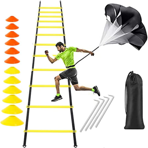 Speed Agility Ladder Training Set, Soccer Football Equipment includes 12 Rung 20Ft Ladder, 12 Disc Cones, Carry Bag