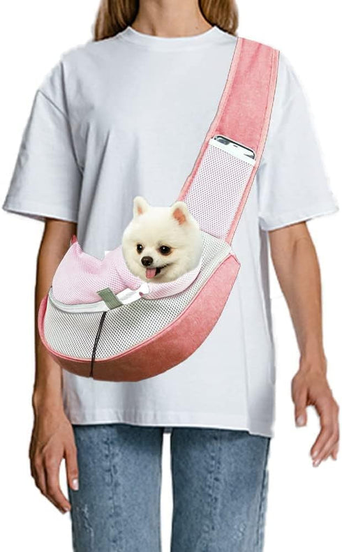 FEimaX Pet Dog Sling Carrier, Breathable Mesh Hand Free Bag for Small Dogs Cats, Adjustable Strap, Small, Pink