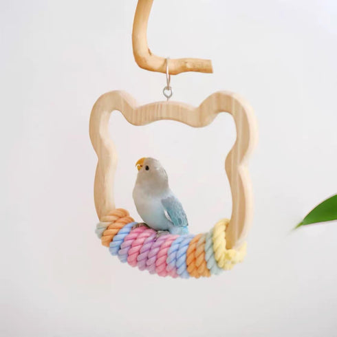 Gradient Large Wooden Bird Swing with Colorful Cotton Rope for Bird Cages