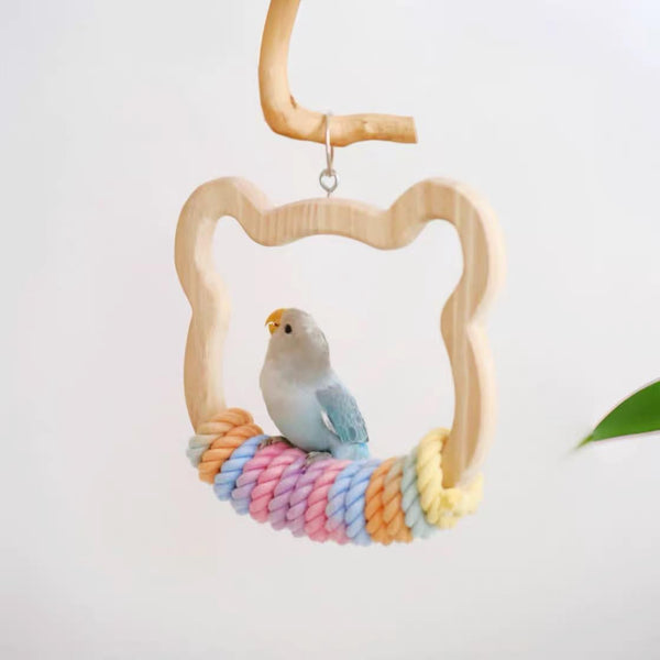 Gradient Large Wooden Bird Swing with Colorful Cotton Rope for Bird Cages