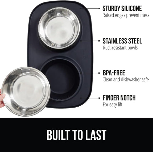Gorilla Grip 100% Waterproof BPA Free Cat and Dog Bowls Silicone Feeding Mat Set, Stainless Steel Bowl Slip Resistant Raised Edges, Catch Water, Food Mess, No Spills, Pet Accessories, 2 Cup, Black