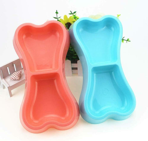 EORTA 3 Pcs Dog Double Bowls - Bone Shaped Feeder, Pet Plastic Bowl for Water & Food, Smooth Surface, Random Color