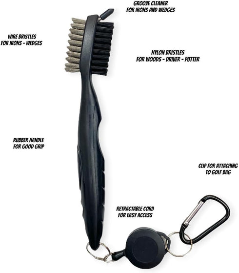The Golfer's Workshop Golf Club Brush - 2 Ft Retractable Zip-line with Carabiner Clip and Groove Cleaner