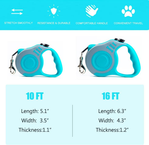 Retractable Dog Leash 10/16FT, Lightweight with Non-Slip Handle for Small Medium Dogs, Gray Blue
