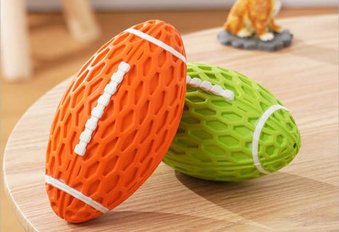 AUSCAT 2PCS Squeaky Rubber Dog Toy Balls | Indestructible 4.1" Football Fetch Toy for Small Medium Dogs, Green and