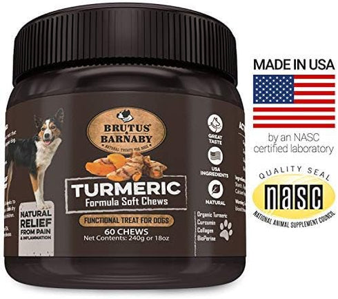 BRUTUS & BARNABY Organic Turmeric for Dogs - Soft Chews with Curcumin, Collagen & Bioprene for Hip and Joint Support