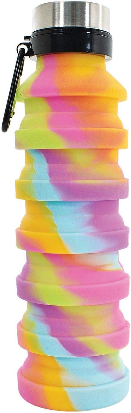 iscream BPA Free Collapsible Silicone Bottle with Carabiner, 18 oz, Rainbow Sherbert