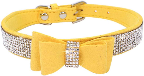 Dog Collar with Bowknot Crystal Rhinestone, Adjustable Soft Puppy Cat Pet Collar (Yellow, Medium)