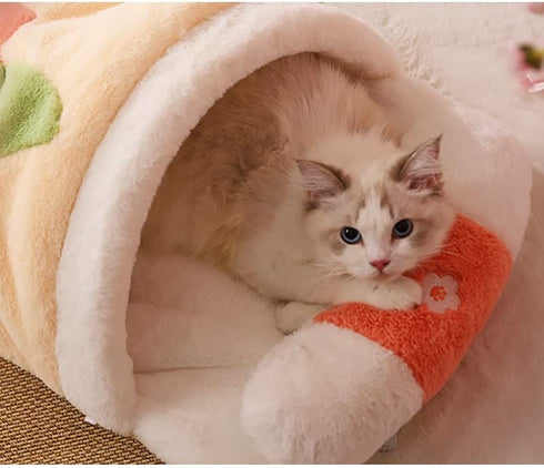 Cute Sakura Cat Sleeping Bag with Pillow, Cozy Cave Bed for Cats and Puppies Below 13lbs, Red