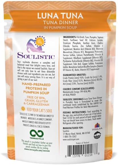 Soulistic 3 oz., 8 Originals Luna Tuna Tuna Dinner in Pumpkin Soup Wet Cat Food, Case