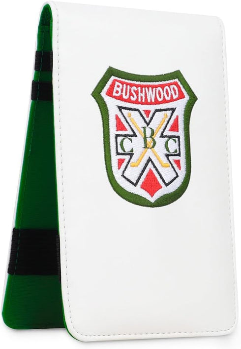 Golf Logo Shield White Leather Golf Scorecard & Yardage Book Holder Cover, Customizable Name Version