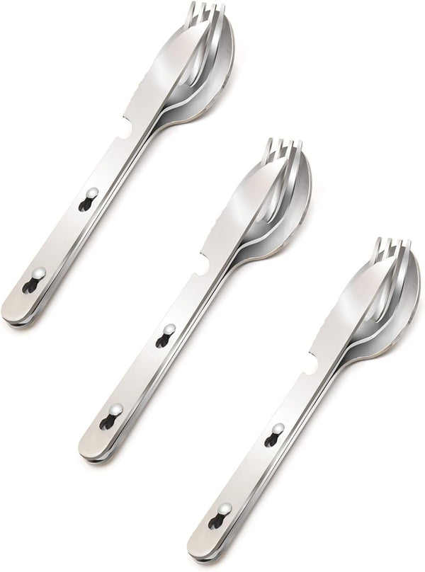 KINLINK 4-in-1 Camping Utensils 3-Pack, Portable Stainless Steel Spoon, Fork, Knife & Bottle Opener Combo Set