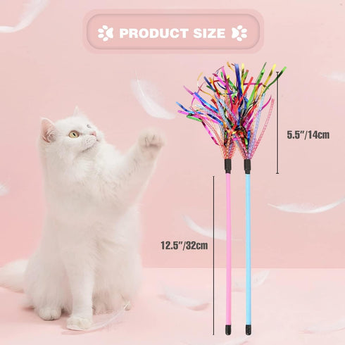 Cat Toy Wand 2PCS Interactive Feather Toy with Sound Paper Tassels, Pink+Blue