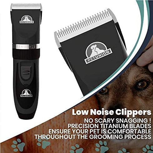 Pet Union Professional Dog Grooming Kit - Cordless Low Noise Clippers for Thick Coats, Includes Nail Trimmer & Shears