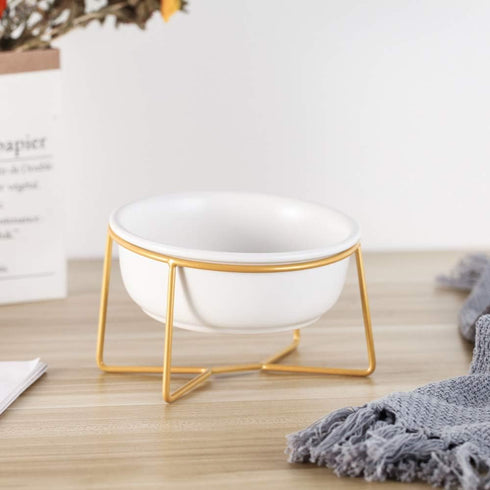 White Small Ceramic Tilted Elevated Cat Dog Bowl, Raised Food Water Dish with Gold Iron Stand for Pet Comfort