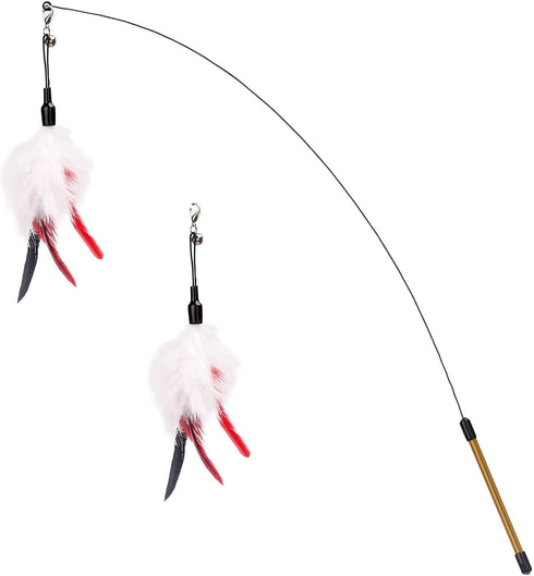 Pawaboo Feather Teaser Cat Toy, Interactive Wand with 34.5" Long Wand and Bell, Wine Red & White Feather