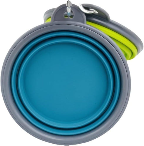 Small Collapsible Dog Bowl, 12oz, 2 Pack Portable and Foldable Pet Travel Bowls with Carabiners & Lids (Blue+Green+Grey)