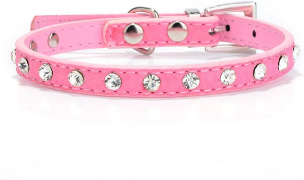 Pimaodog Cute Dazzling Sparkling Suede Leather Bling Rhinestone Collar for Small Pet Cat Dog (S: 21-27CM, Pink)
