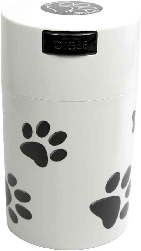 Pawvac 6 Ounce Vacuum Sealed Pet Food Storage Container, White Cap & Body/Black Paws