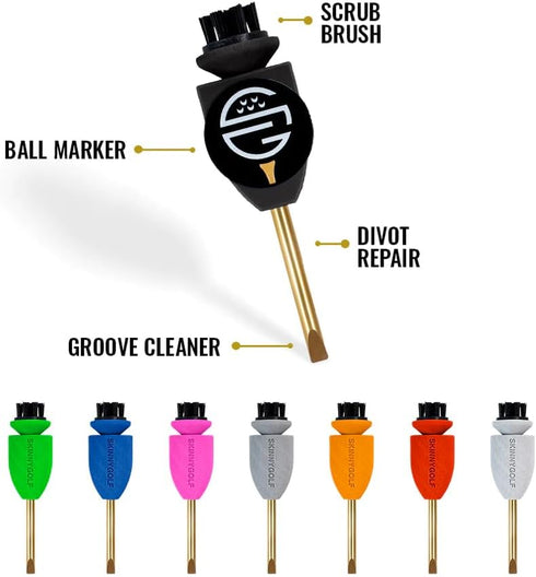 Skinny Golf Pocket Caddie 4-in-1 Tool - Divot Tool, Ball Marker, Scrub Brush, Groove Cleaner Golf Accessory