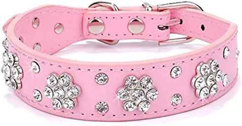 Rhinestone Dog Collar - Cute Flower Bling Collar for Cats and Dogs - Adjustable Sizes Small Medium Large (Pink, M)