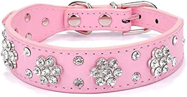 Rhinestone Dog Collar - Cute Flower Bling Collar for Cats and Dogs - Adjustable Sizes Small Medium Large (Pink, M)