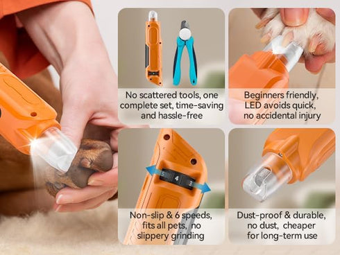 6 Trimmer PAPIFEED Speed Pet Nail Grinder with Dual LED Lights, Rechargeable Dog Nail with Dust Proof Cover, Type-C