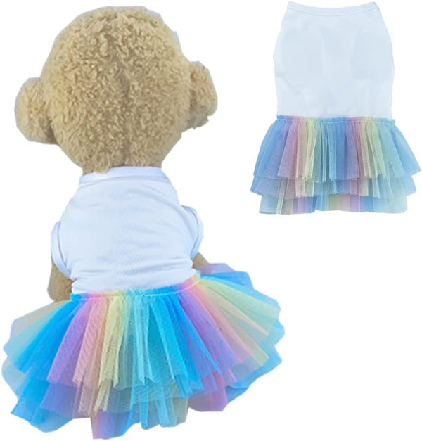 ANIAC White Dog Dress, Summer Clothes for Small Dog Girl, Spring Puppy Princess Dress, Cat Outfit, Rainbow (Large,