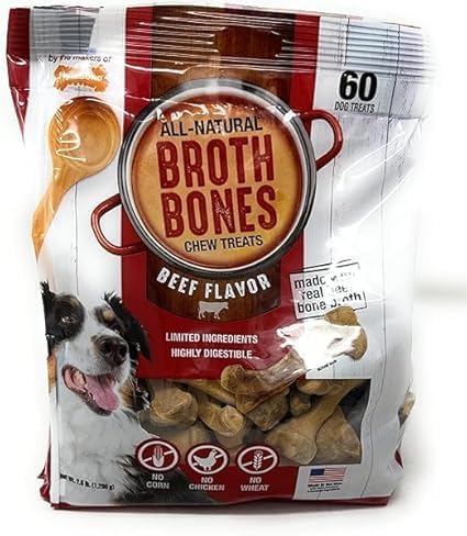 Generic Beef Broth Bones Dog Chew Treats. All-Natural 60 CT, 2.6lbs. Limited Ingredients