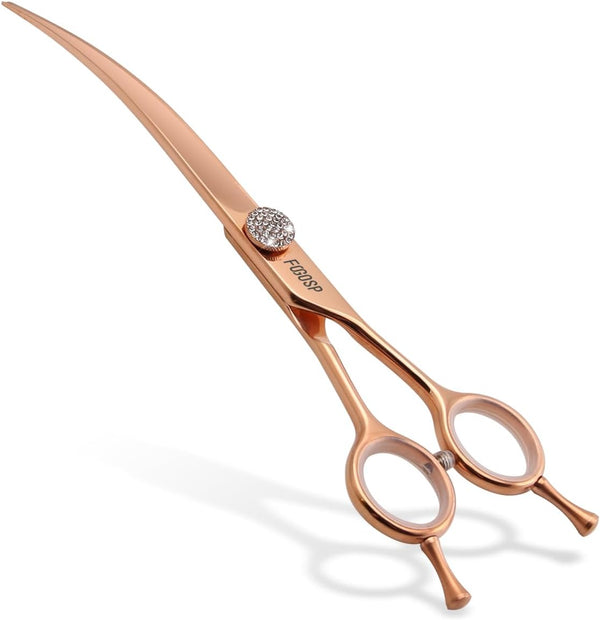 Rose Gold Titanium Curved Dog Grooming Scissors 7'' - Downward 30°, Professional Pet Trimming Shears